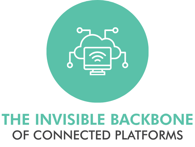 A teal circular icon showing a computer connected to a cloud with network nodes, representing digital connectivity. Below the icon, the text reads: The Invisible Backbone of Connected Platforms.