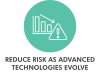 AI risk management graphic with bar chart and warning icon representing reduced risk as advanced technologies evolve in healthcare data environments.