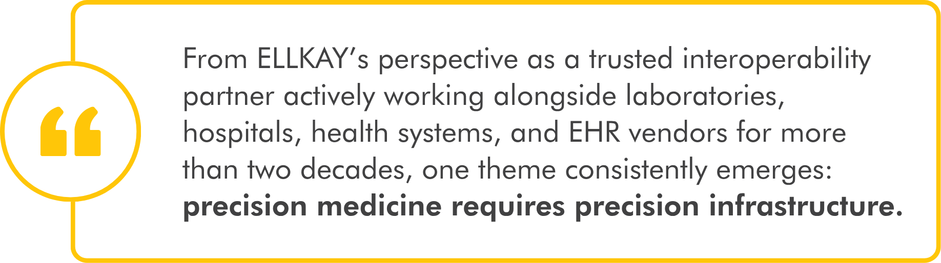 ELLKAY perspective on precision medicine and interoperability infrastructure, highlighting integration between laboratories, hospitals, health systems, and EHR vendors to support connected healthcare and precision medicine workflows