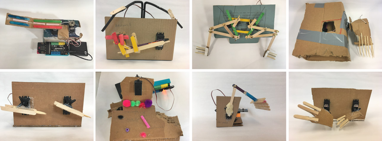 The image shows simple robotic hand and arm models made from cardboard, popsicle sticks, and craft materials, likely as DIY educational projects to demonstrate basic robotic movement.