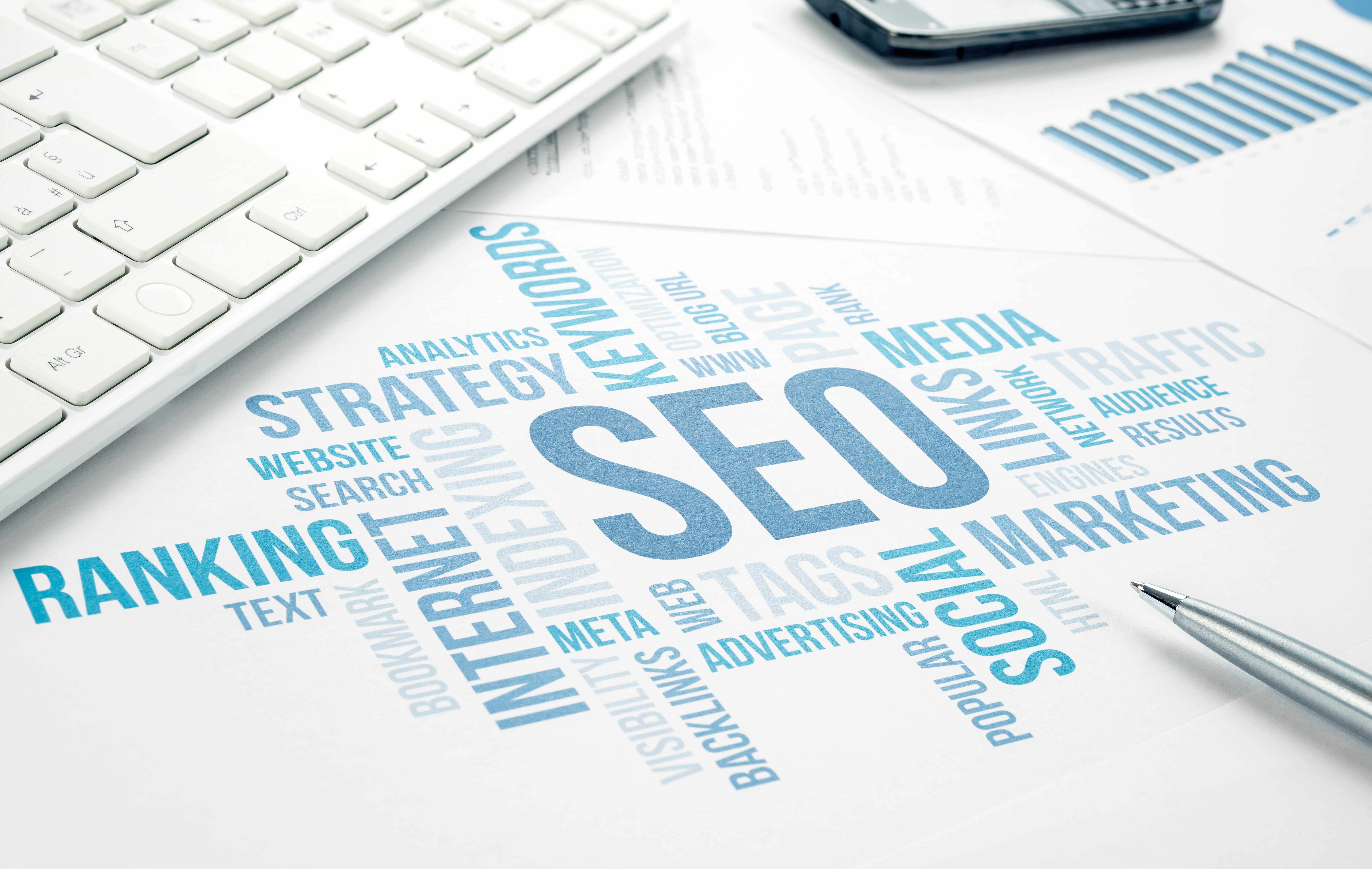 seo spelled with blue color