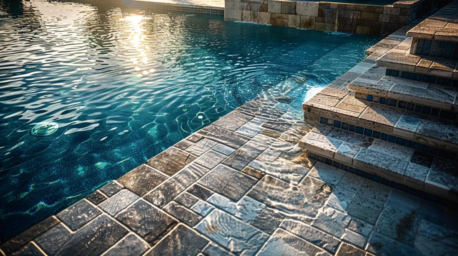 an expertly arranged poolside scene showcases a professional cleaning process, highlighting various paver materials and eco-friendly solutions, with gleaming surfaces under vivid artificial lighting, evoking a sense of meticulous maintenance and care.