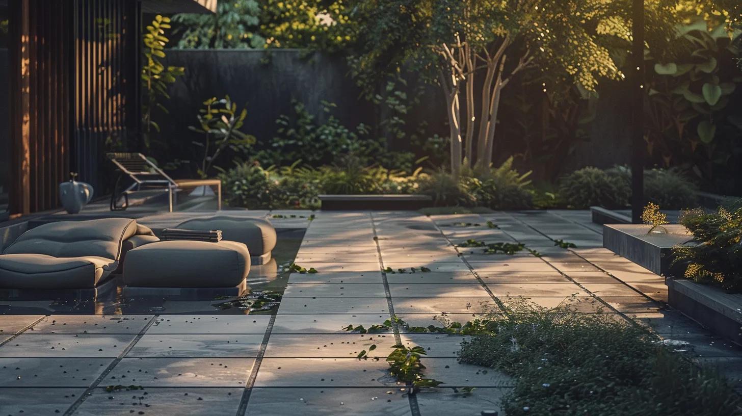 a focused and organized outdoor scene depicts a modern patio area with neatly arranged pool pavers being meticulously cleared of debris using a sleek leaf blower, showcasing the importance of preparation for effective cleaning.
