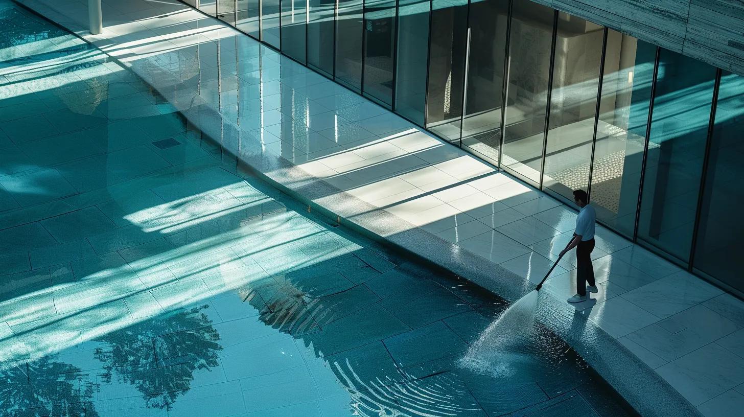 a sleek urban setting showcases a professional cleaner expertly applying tailored cleaning techniques to various textured pool pavers, highlighting the contrast between the pristine surfaces and the tools used for maintenance.