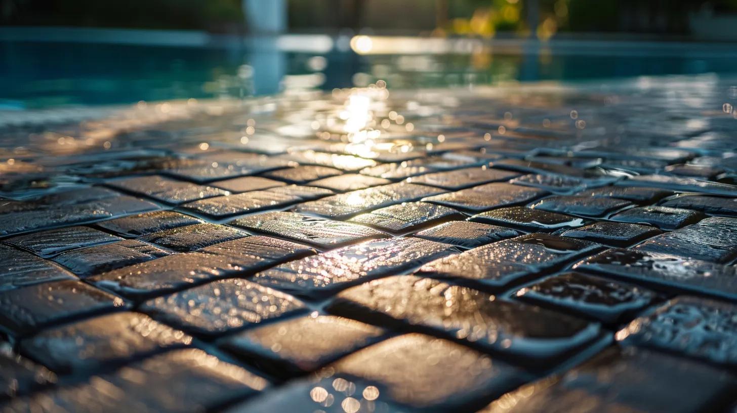 a close-up view of vibrant, cleaned pool pavers glistening under bright artificial lighting, showcasing the removal of stubborn stains and organic growth, set against a sleek, modern poolside environment.