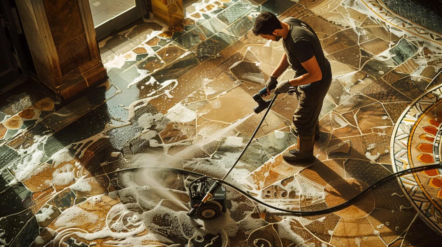 a focused indoor scene showcases a skilled technician using a powerful pressure washer on a large, intricately patterned paver surface, highlighting the contrast between the vibrant, clean stones and the remnants of dirt being washed away.