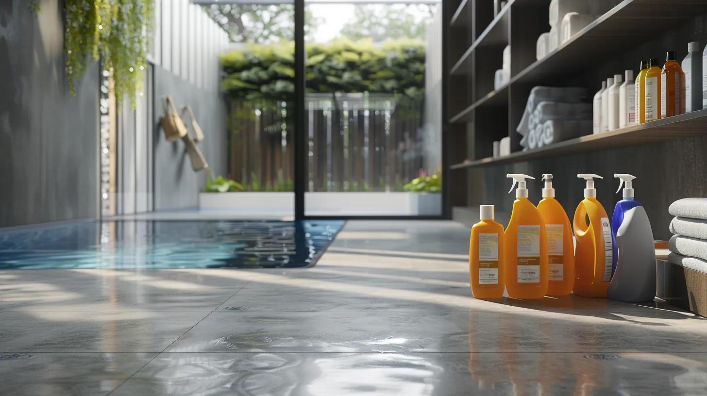 a dynamic indoor scene showcases a sleek, modern utility room where eco-friendly cleaning products are artfully arranged next to pristine, vibrant pool pavers, emphasizing a commitment to sustainable maintenance.
