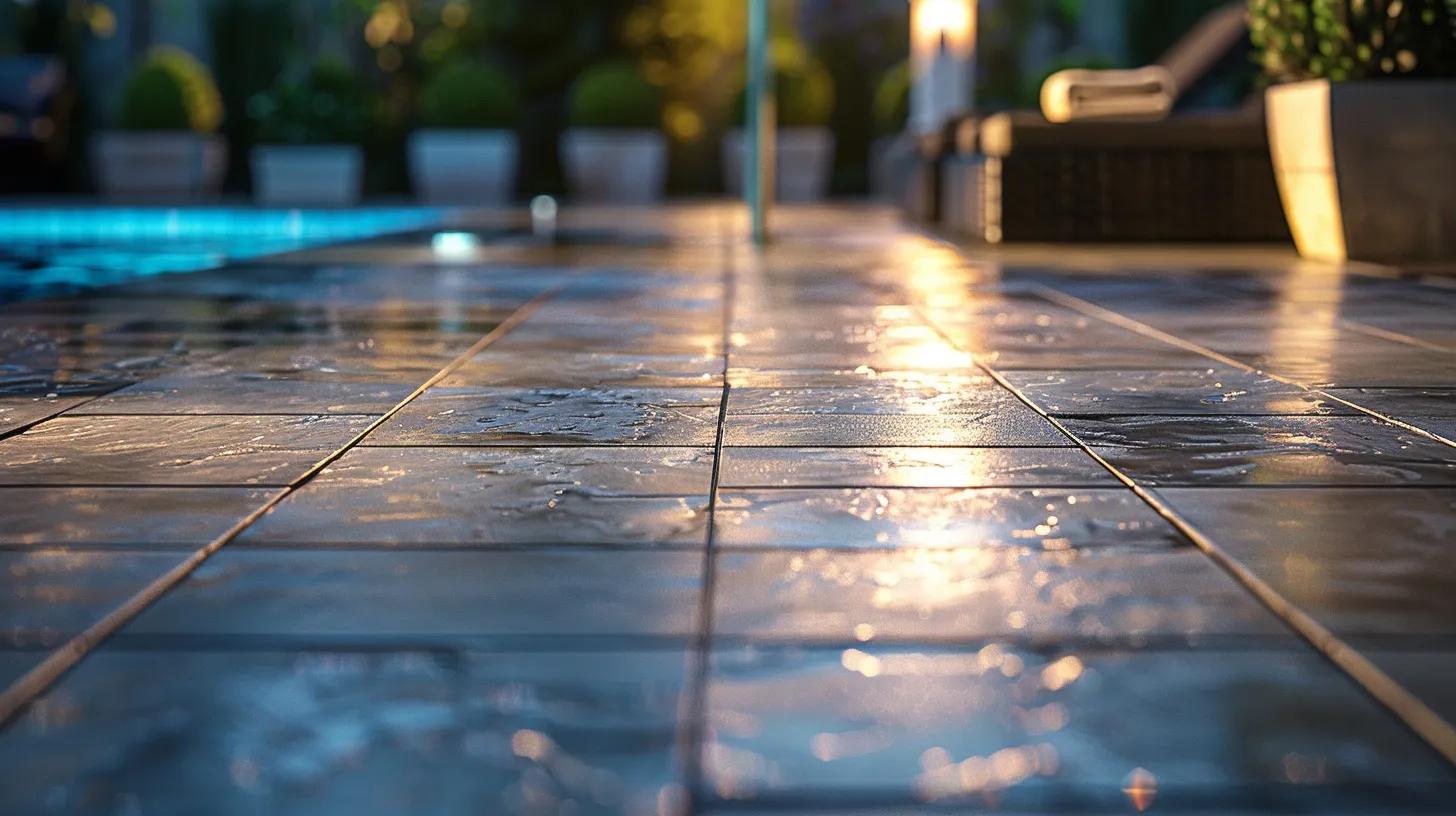 a sleek, modern patio featuring pristine pool pavers glistening under the soft glow of ambient lighting, with maintenance tools artistically arranged nearby, emphasizing the theme of post-cleaning care and maintenance for lasting results.