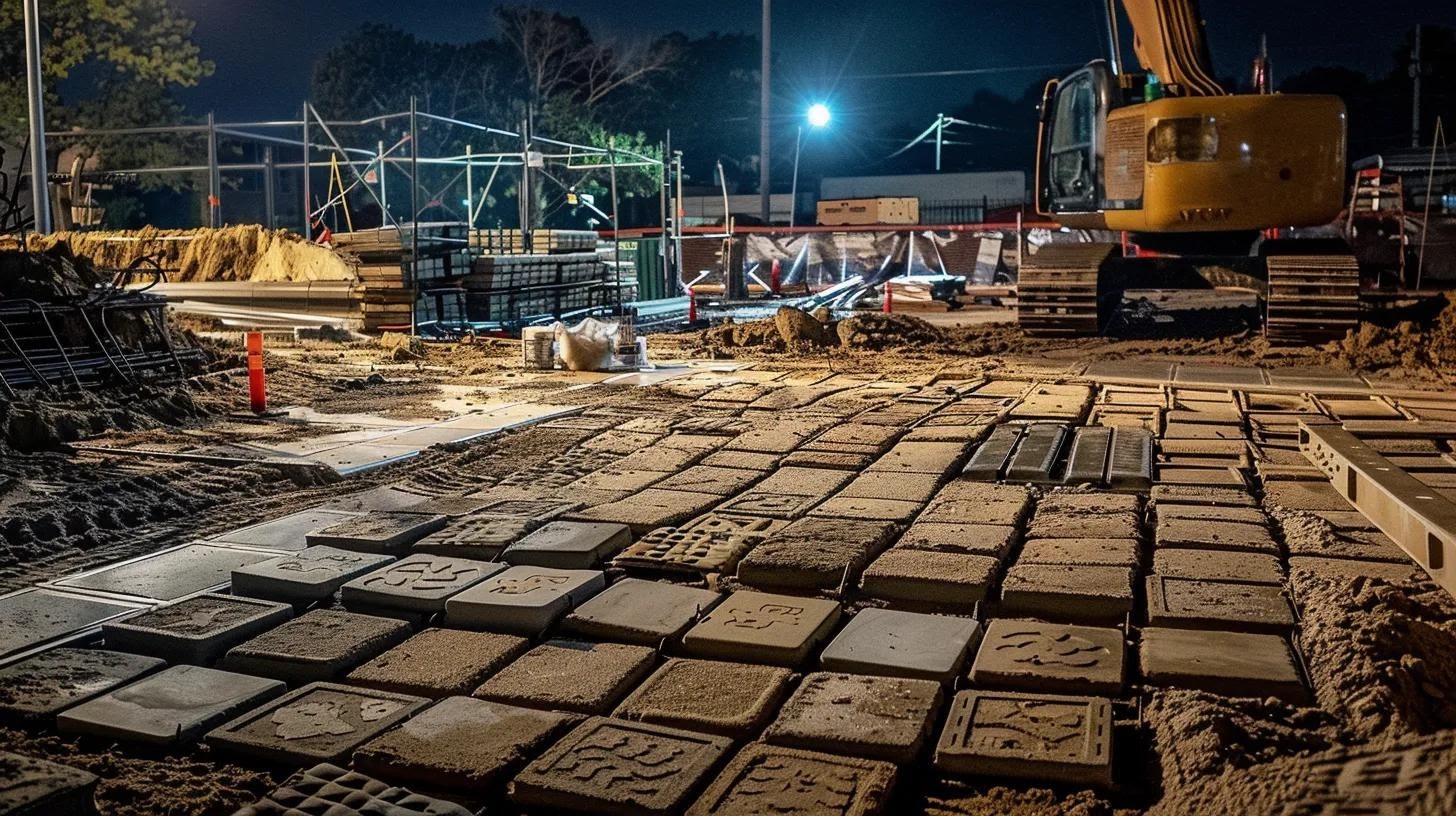 a meticulously arranged paver installation site showcases various layers of base materials and polymeric sand, emphasizing precision in compaction and effective drainage systems under bright artificial lighting, with a backdrop of construction tools to highlight the technical aspects of the process.