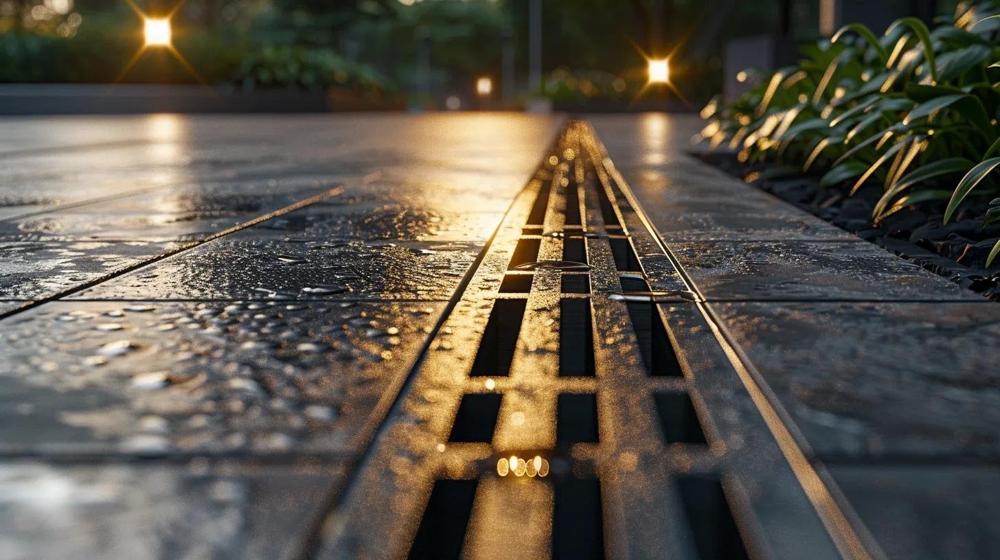 a close-up view of a meticulously designed outdoor paver installation, showcasing an innovative drainage system integrated into the stylish layout, with sleek lines and clear water channels effectively managing runoff.