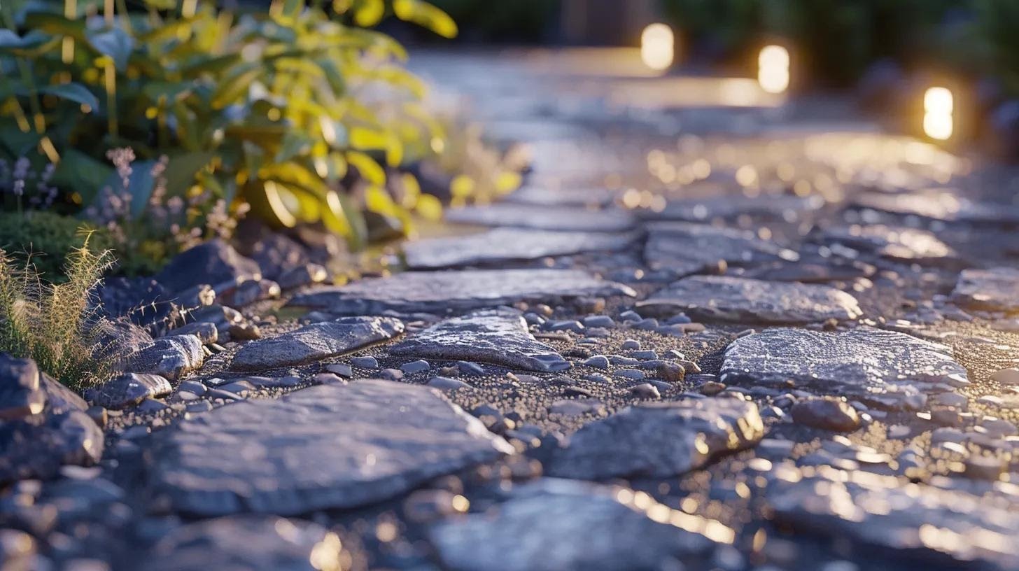 a sharply focused close-up of a well-installed paver pathway, showcasing secure edges and joints with visible interlocking stones, under dynamic artificial lighting in a modern outdoor setting to highlight durability and craftsmanship.
