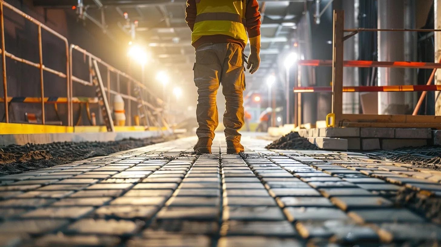 a meticulously arranged construction site showcases a skilled technician inspecting a solid, well-compacted subgrade beneath a grid of newly installed pavers, illuminated by bright overhead lights that highlight the texture and precision of the foundational work.