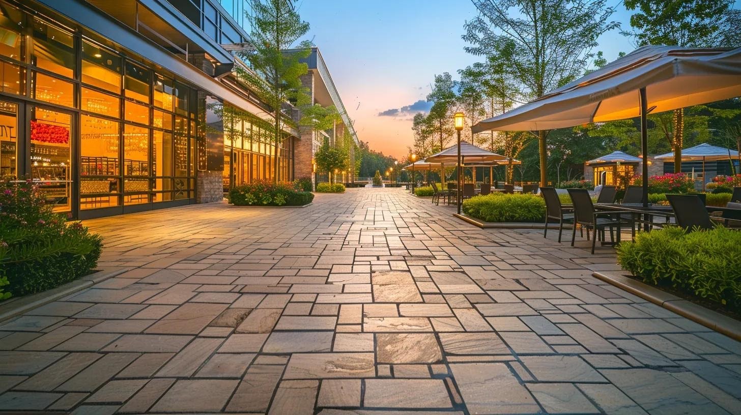 a pristine outdoor patio adorned with perfectly aligned pavers, showcasing vibrant colors and free from weeds, under soft artificial lighting that emphasizes the clean, polished surface and conveys a sense of meticulous maintenance.