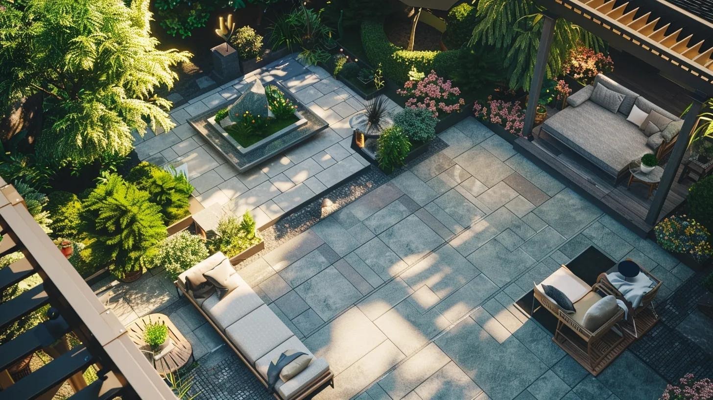 a meticulously designed outdoor living space features an array of stylish pavers in various materials, including elegant brick and sleek concrete, artfully arranged to showcase distinct patterns and textures, with an inviting patio that balances functionality and aesthetic appeal.