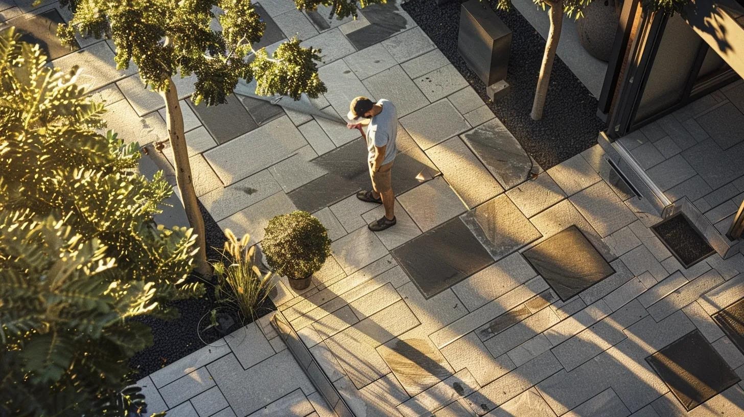 a dynamic urban landscape showcases a skilled professional applying mortar-set paver installation on a stylish patio, highlighting the intricate patterns of interlocking stones against a backdrop of modern architecture.
