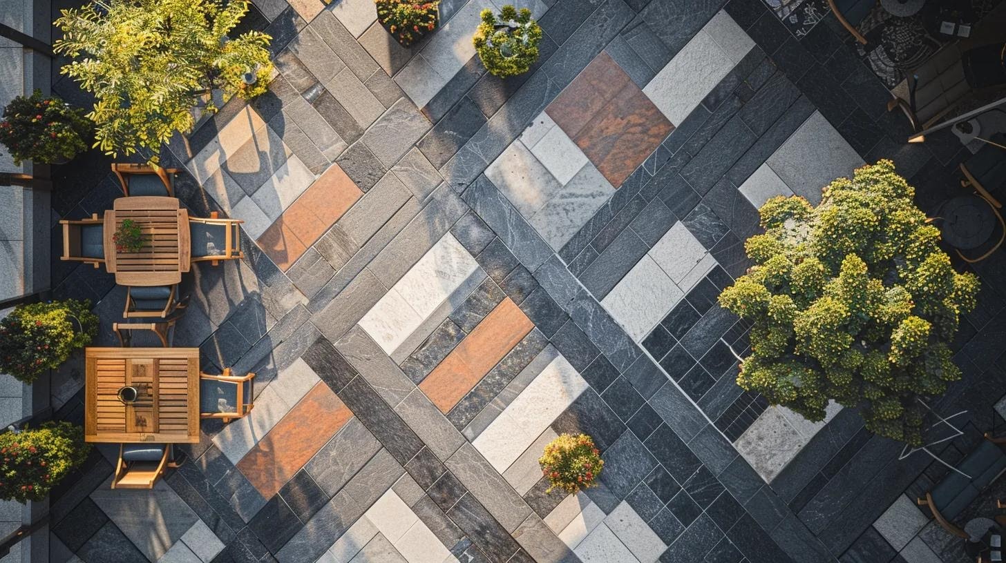 a stylish outdoor patio featuring an intricate layout of geometric paver patterns in a blend of modern and rustic styles, accentuated by sleek seating arrangements and defined dining zones, all set in a contemporary urban environment.
