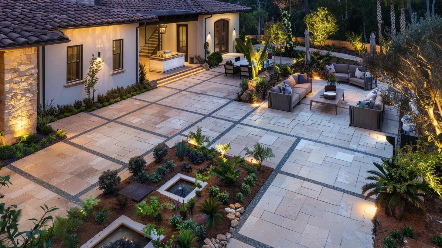 a vibrant urban courtyard showcases a stunning array of diverse paver materials, including sleek concrete, classic brick, luxurious natural stone, and modern porcelain, seamlessly integrated into an inviting outdoor space that highlights innovative landscape design.