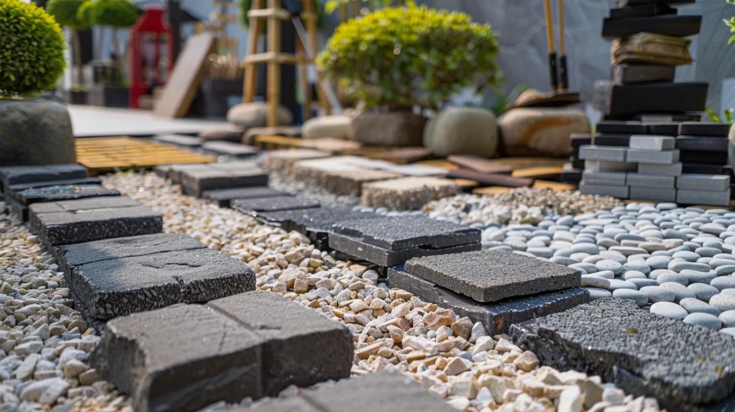 a meticulously arranged outdoor installation site showcases various paver stones aligned precisely on a well-compacted gravel base, embodying professional craftsmanship, with tools strategically placed in the background to emphasize key installation techniques.