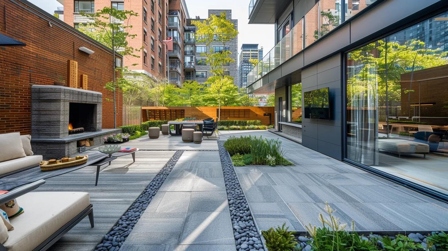 a beautifully designed outdoor living space showcases an elegant patio featuring a mix of concrete, natural stone, and porcelain pavers, highlighting their unique textures and colors while integrating seamlessly with stylish outdoor furniture against a modern urban backdrop.