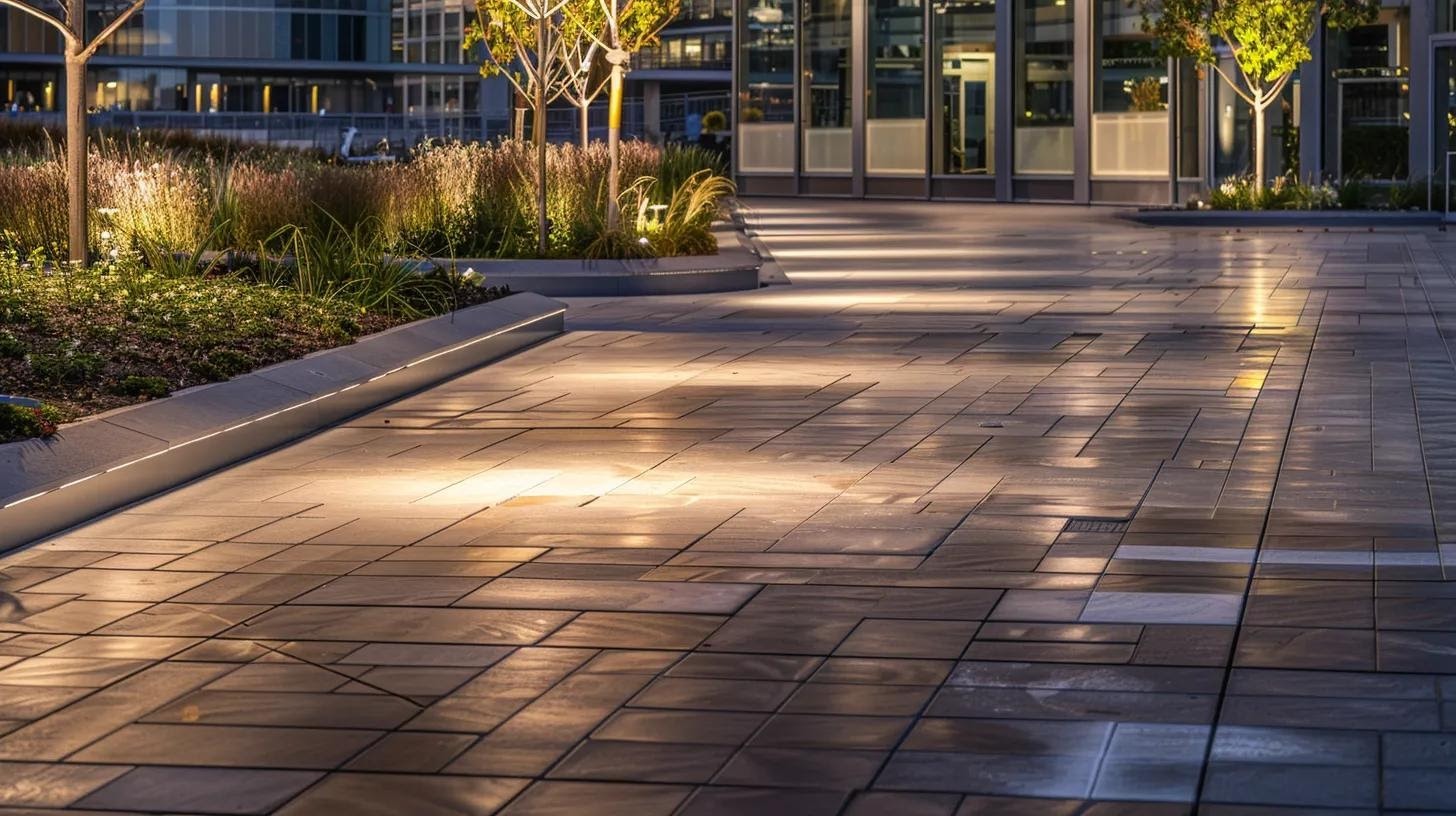 a sleek, modern urban hardscape showcases a vibrant array of textured concrete paver types arranged in an intricate pattern, illuminated by dramatic overhead lighting to emphasize their versatility and contemporary design.