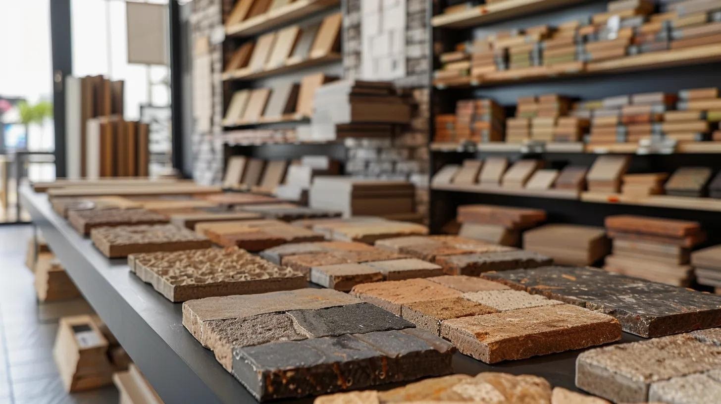 a meticulously arranged display of various classic brick paver samples showcases their rich textures and warm hues against a sleek modern office backdrop, highlighting the timeless appeal and character these materials can bring to home exteriors.