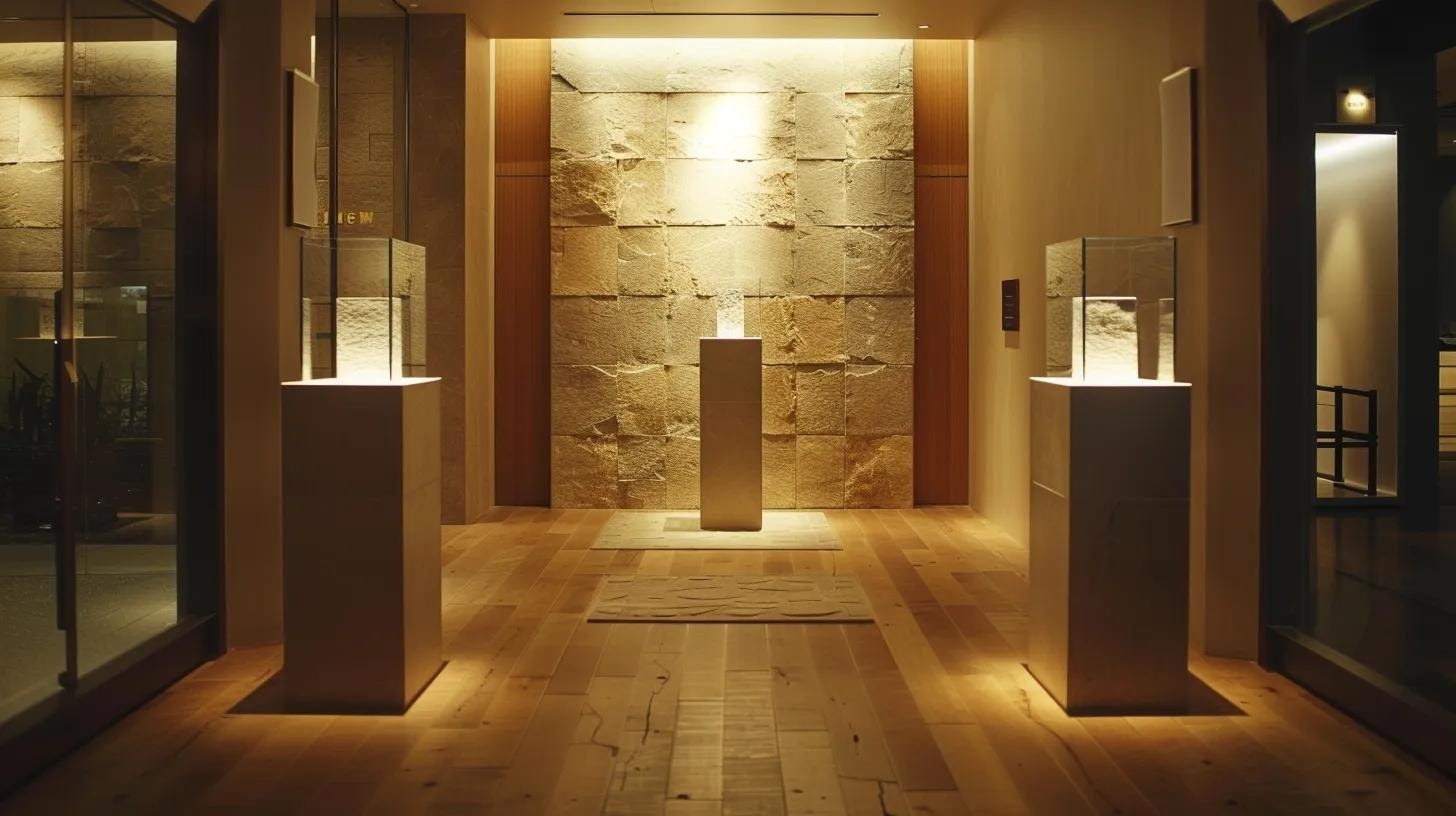 a sleek modern showroom displays a variety of striking paver materials, each sample meticulously arranged on elegant pedestals under bright, focused lighting, highlighting their unique textures and colors for discerning homeowners to evaluate.