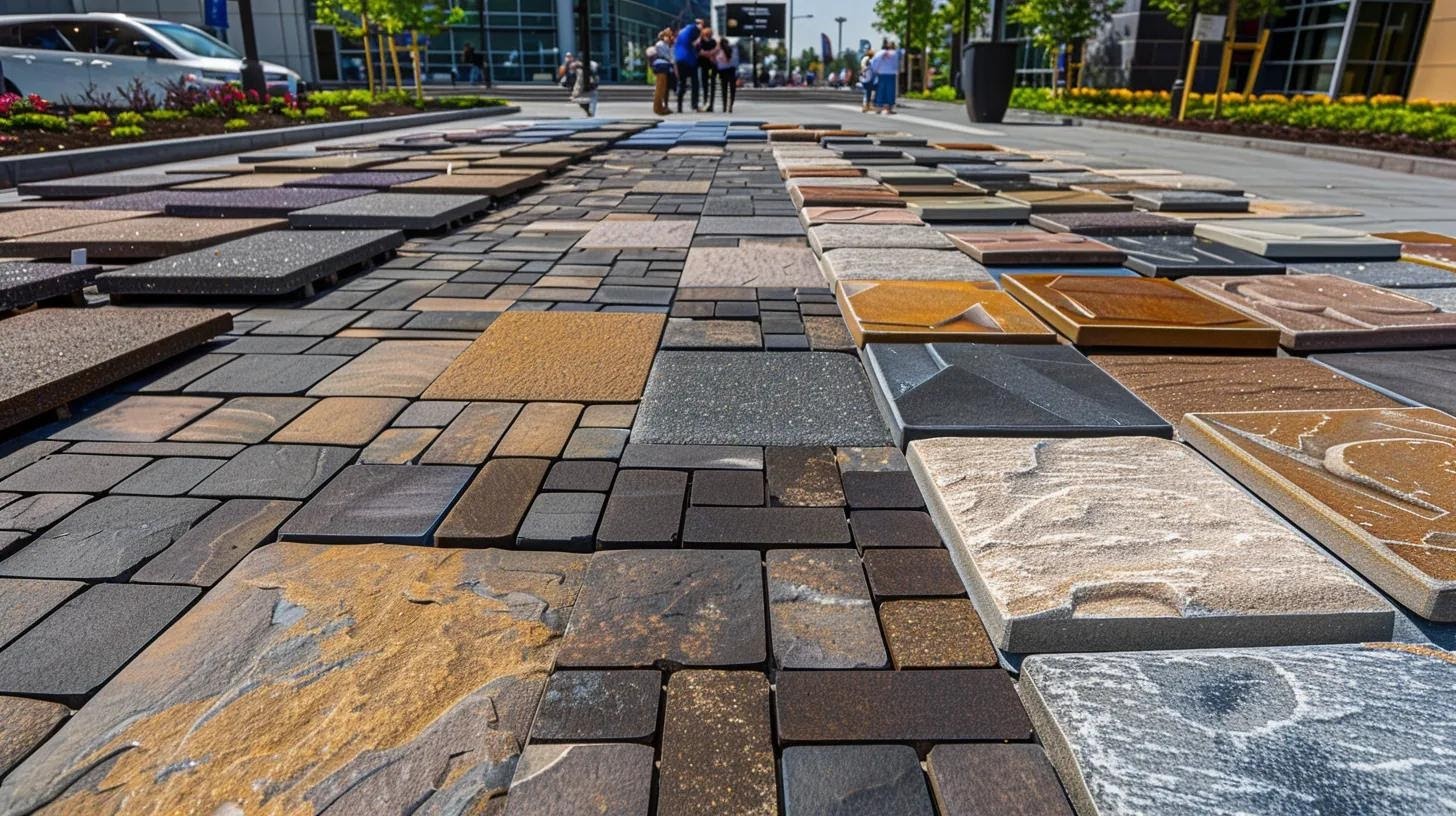 a modern urban plaza showcases various paver materials laid out in distinct sections, highlighting their textures and colors under sleek artificial lighting, with people engaged in discussions about their project needs.