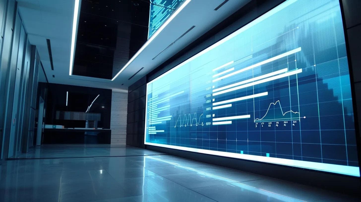 a sleek, modern office setting features a sharp focus on a large digital screen displaying a dynamic financial comparison chart between diy pool deck installation and hiring professional contractors, emphasizing the contrasting costs and potential value for homeowners.