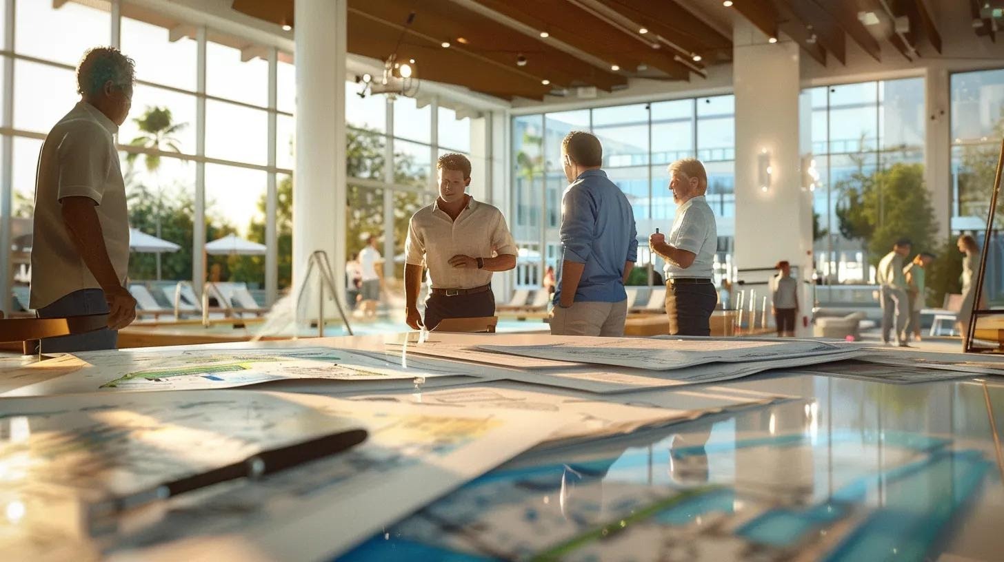 a sleek, modern office filled with contractors engaged in a dynamic discussion, surrounded by detailed blueprints and samples of pool deck pavers, under bright, focused lighting.