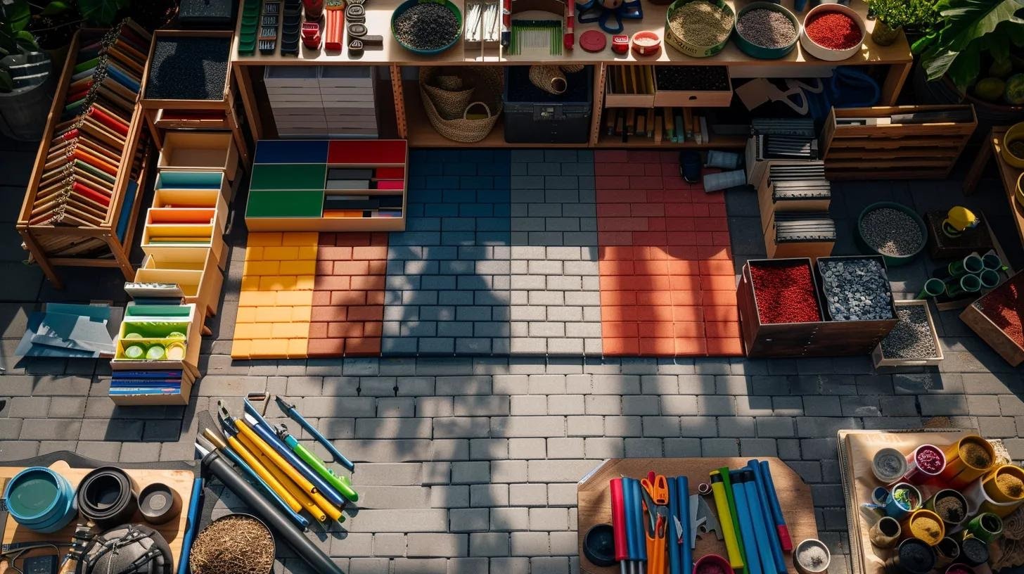 a meticulously organized outdoor home improvement workspace showcases an array of colorful pavers and tools, emphasizing the careful planning and decision-making process involved in pool deck projects.