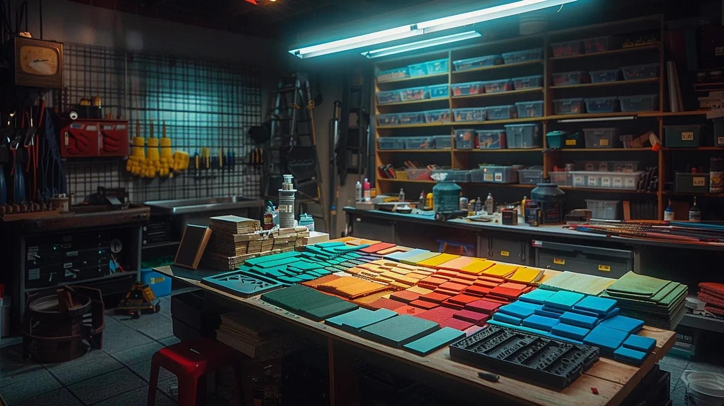 a vibrant home improvement workshop showcasing an array of colorful pavers meticulously arranged on a sleek workbench, illuminated by bright overhead lights, highlighting the creative potential and hands-on spirit of a diy pool deck installation project.