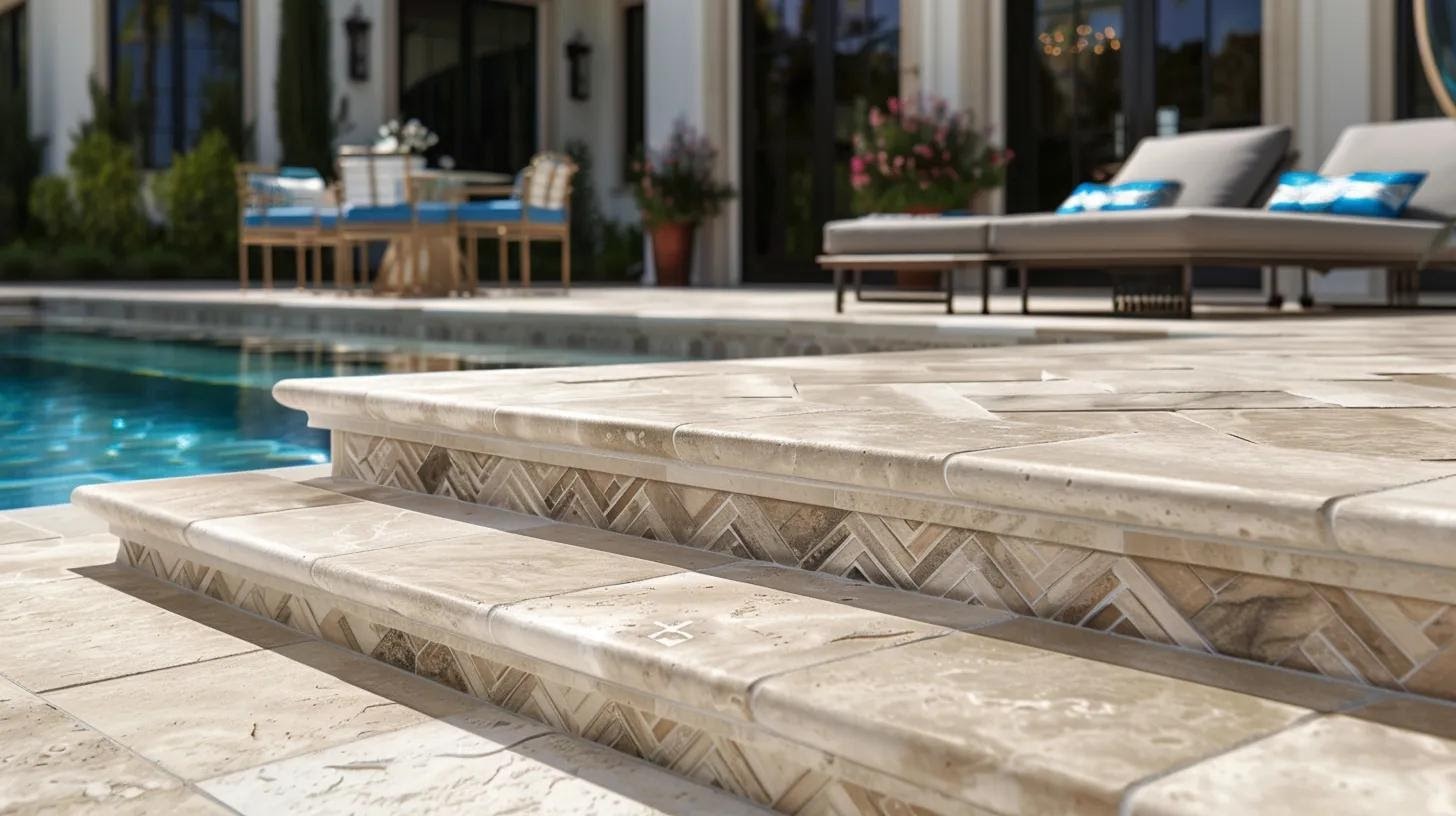 a meticulously arranged pool deck showcases a blend of travertine and porcelain pavers, featuring intricate geometric patterns that highlight the project's complexity against a stylish outdoor setting with modern furniture and vibrant decor.