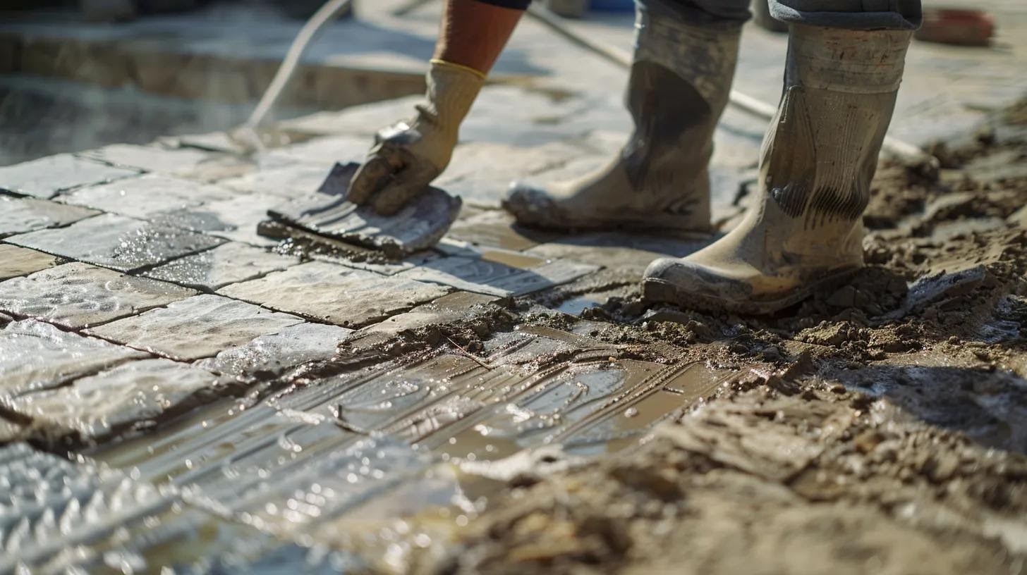 an expert paver contractor meticulously lays high-quality, textured stone tiles around a pristine, modern residential pool, showcasing the professional craftsmanship and durability that homeowners seek for outdoor living spaces.