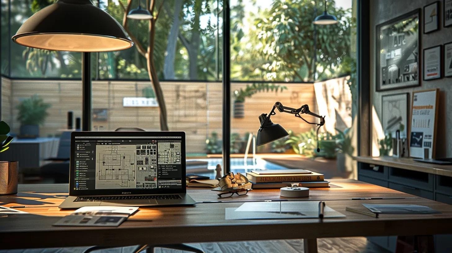 a sleek, modern home office features a polished desk cluttered with architectural plans, paver samples, and a laptop displaying a comparison chart, all under warm pendant lighting that emphasizes the thoughtful evaluation process of choosing the best pool deck pavers.