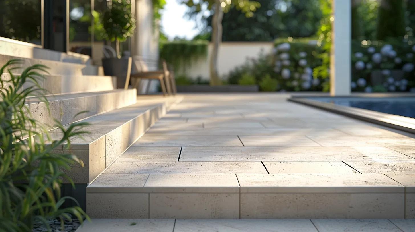 a modern outdoor pool area showcases an elegant deck with premium pavers, contrasting textures and colors, under bright artificial lighting, exemplifying a meticulous installation that reflects both quality craftsmanship and budget-conscious choices.