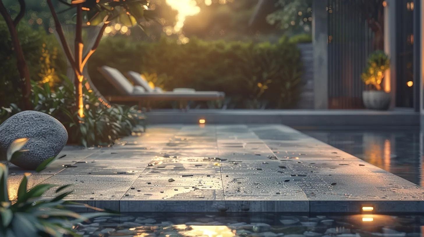 a modern, elegantly designed pool area featuring freshly installed paver stones, surrounded by sleek outdoor furniture, under bright, ambient lighting that highlights the contrasting textures and colors of the deck.