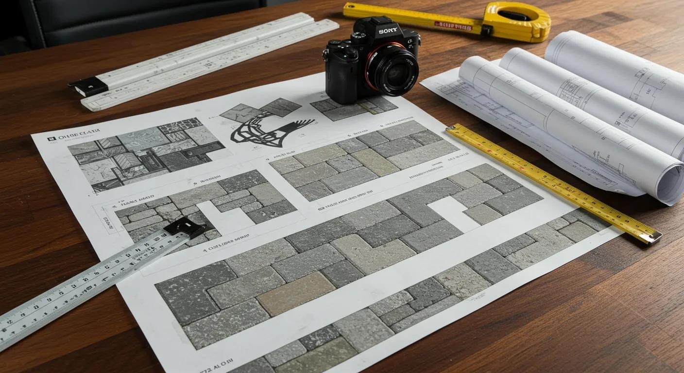 a sophisticated urban workspace displays a detailed presentation board featuring various paver design options, surrounded by measuring tools and blueprints, highlighting the intricate factors involved in pool deck paver installation costs.