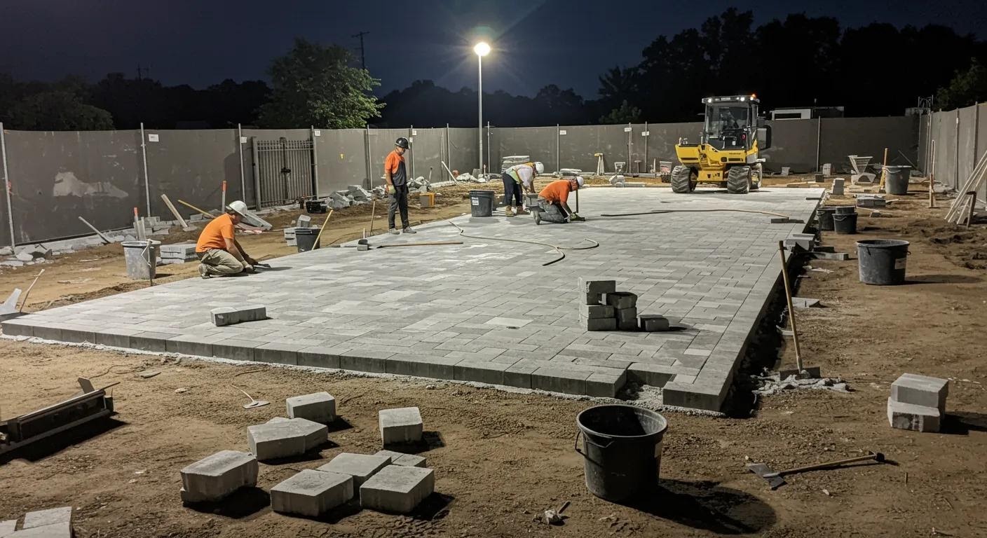 a bustling construction site showcases skilled workers meticulously laying paver stones around a newly installed pool deck, with equipment and tools reflecting the labor-intensive nature of the project under bright artificial lights.