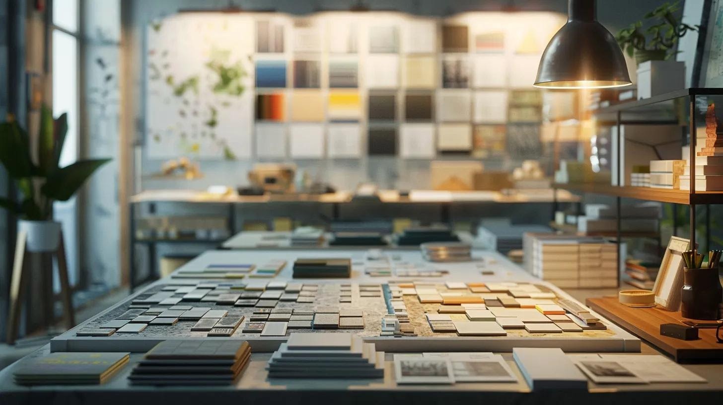 a meticulously arranged workspace showcases an open project board filled with colorful samples of pool deck pavers alongside detailed material expense breakdowns, illuminated by crisp, artificial lighting to emphasize the professional ambiance of a construction planning meeting.
