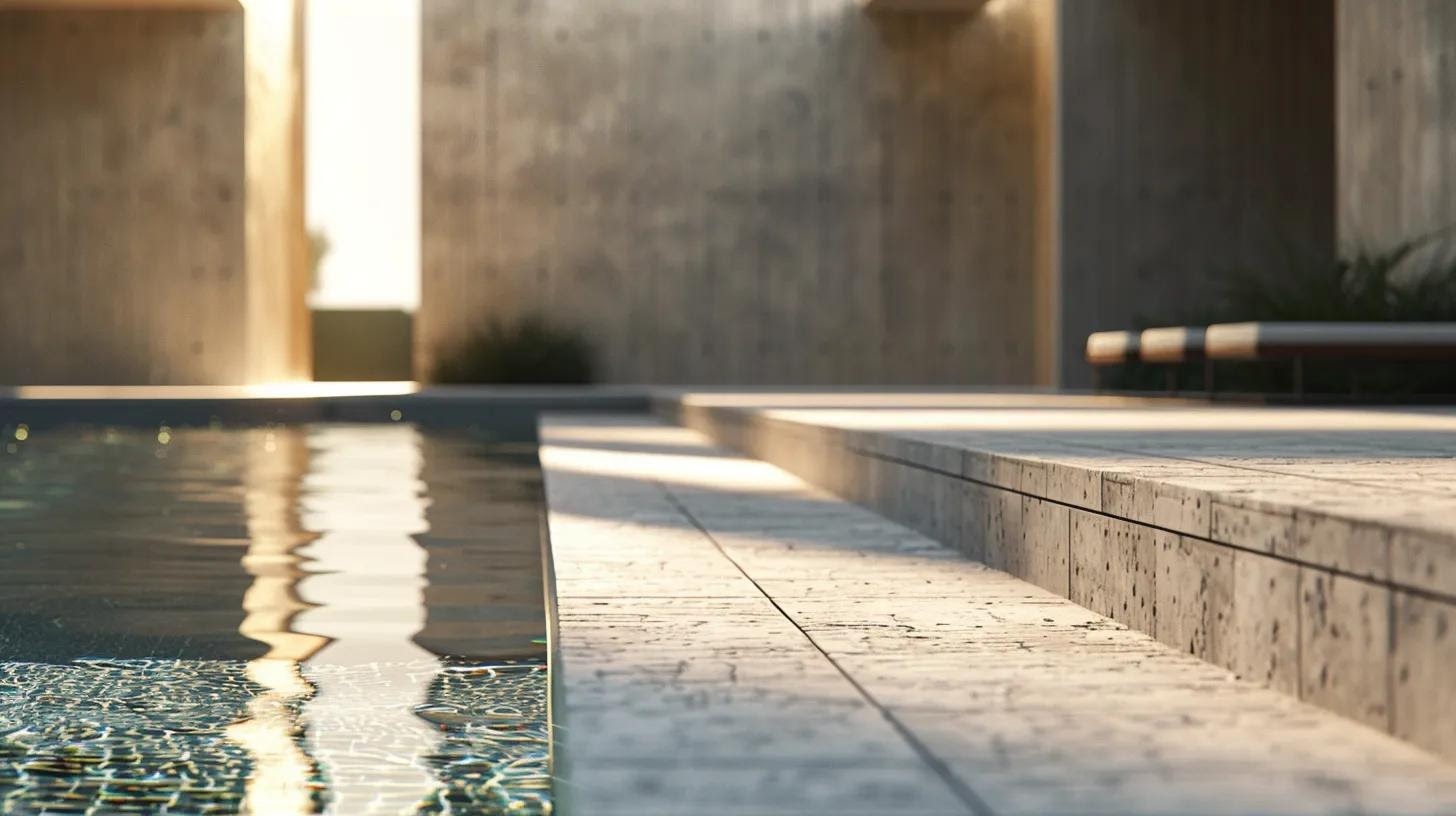 a sleek and modern outdoor pool area showcases a striking contrast between textured pavers and smooth concrete, highlighting their unique aesthetic and structural benefits under bright afternoon lighting.