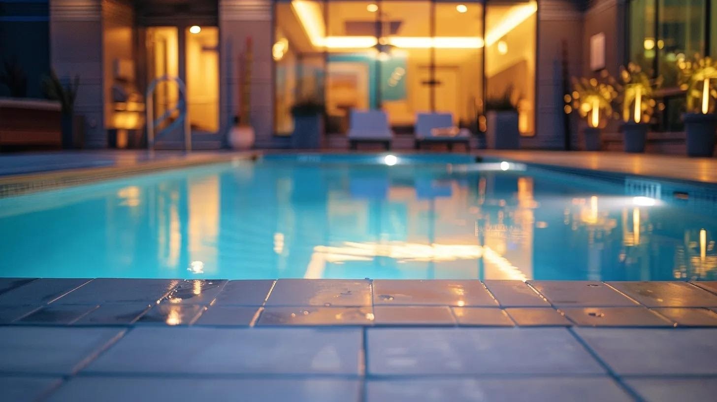 a polished, modern pool deck showcases a sleek arrangement of durable pavers and resilient concrete, emphasizing their robust texture under dramatic indoor lighting, reflecting the critical assessment of longevity and weather resistance in a sophisticated urban setting.