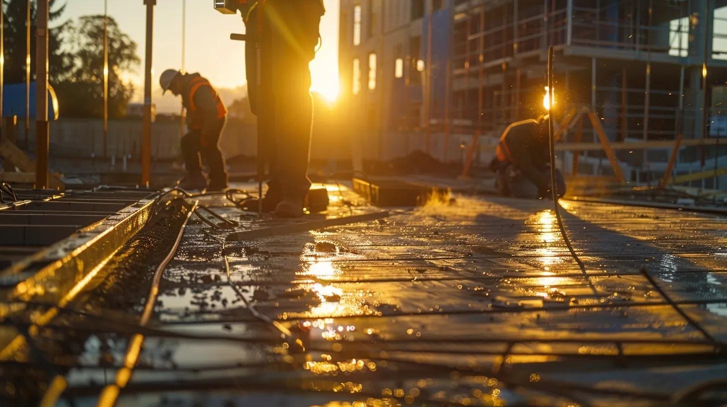 a detailed close-up shot of a sleek, organized construction site showcasing skilled workers expertly installing a modern concrete deck, with pavers laid out neatly in the background, illuminated by focused worksite lighting to emphasize the craftsmanship and precision involved in the project.