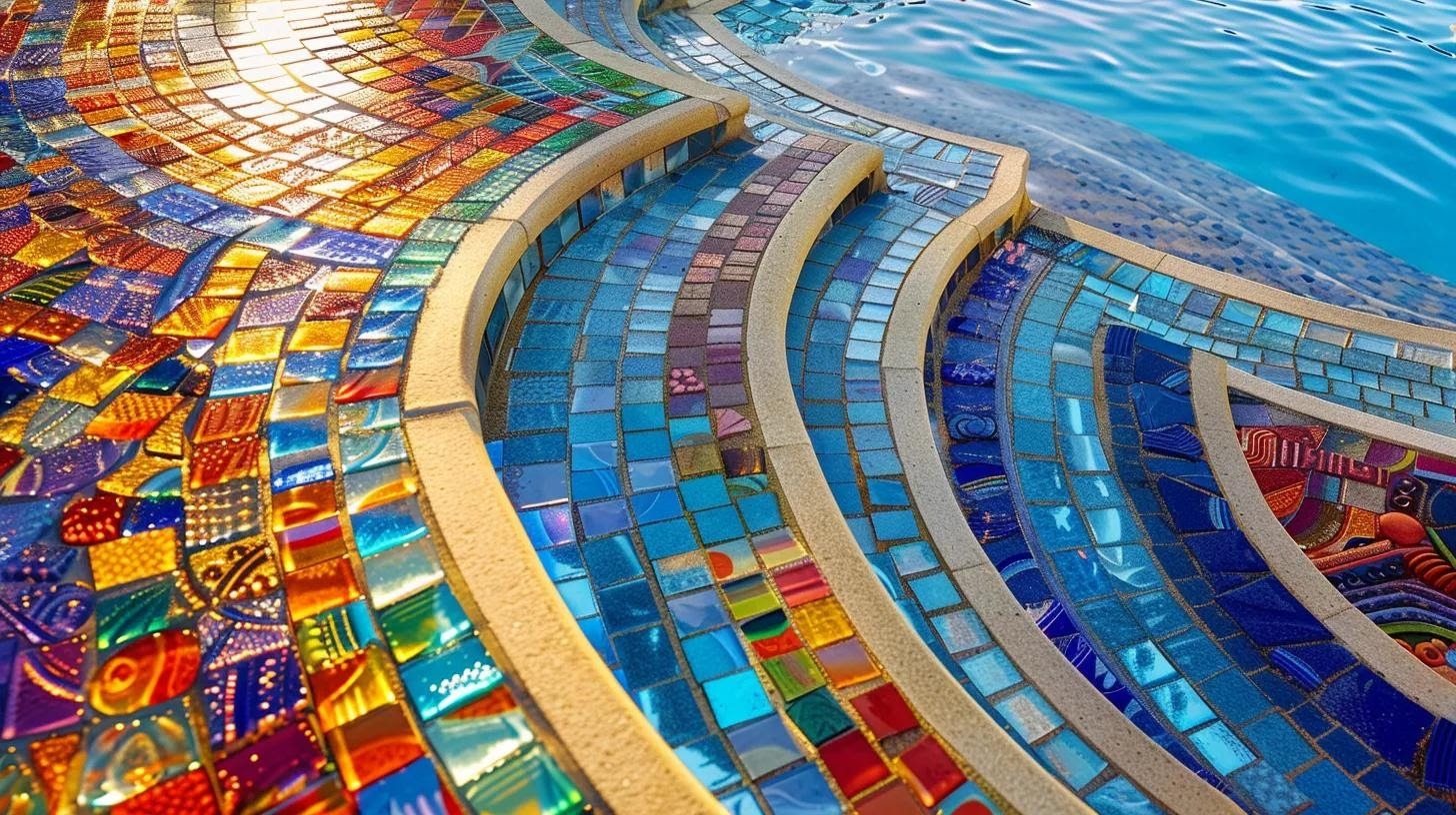 a stunning, modern pool deck showcases a vibrant mosaic of intricately designed pavers in a variety of colors and patterns, starkly contrasting against the sleek, smooth surface of surrounding concrete, set in an upscale residential backyard with a sparkling blue pool.