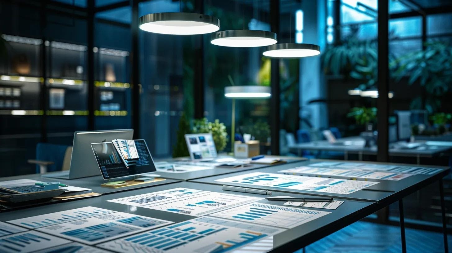a sleek, modern office space features a large table covered with detailed charts and samples comparing the cost and durability of paver versus concrete decking options, illuminated by sharp overhead lighting.