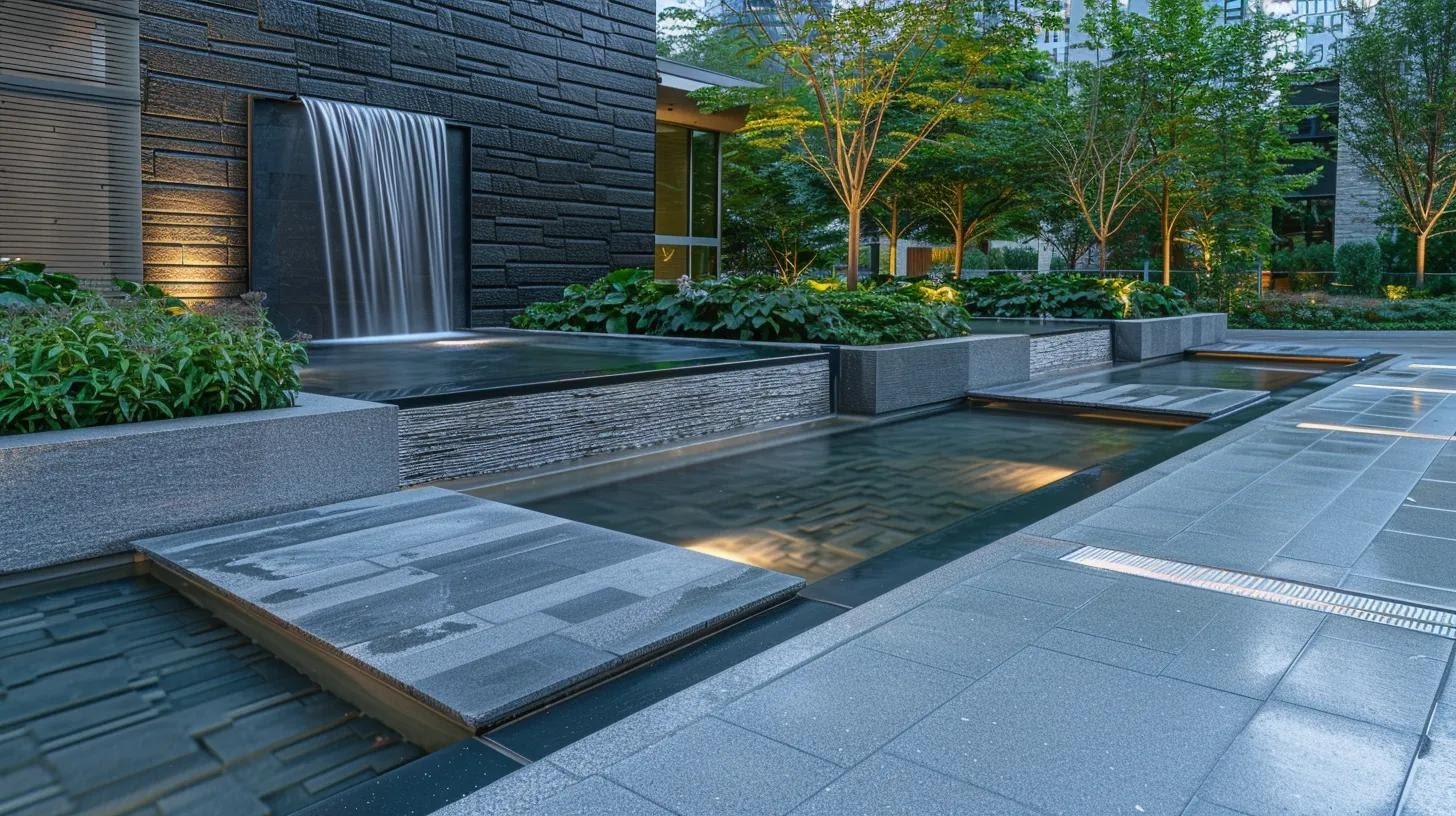a sleek, modern pool deck showcases textured pavers and sturdy concrete sections, emphasized by strategically placed water features, highlighting safety features such as slip resistance and effective drainage in an upscale urban setting.