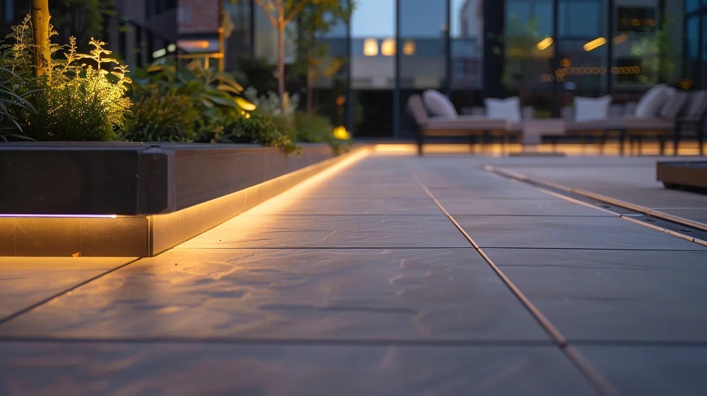 a sleek, modern pool deck showcases a stylish, textured surface with smooth transitions, complemented by a chic lounge area, all under vibrant overhead lighting to highlight its durability and visual appeal in an upscale urban setting.