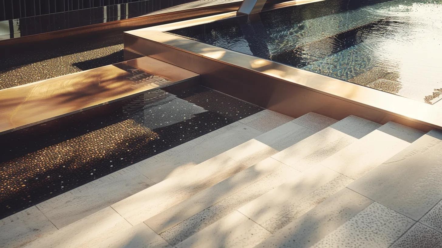 a modern pool deck showcasing an elegant array of textured materials in sophisticated hues, featuring stylish inlaid patterns and sleek composite borders, all set against a contemporary architectural backdrop.