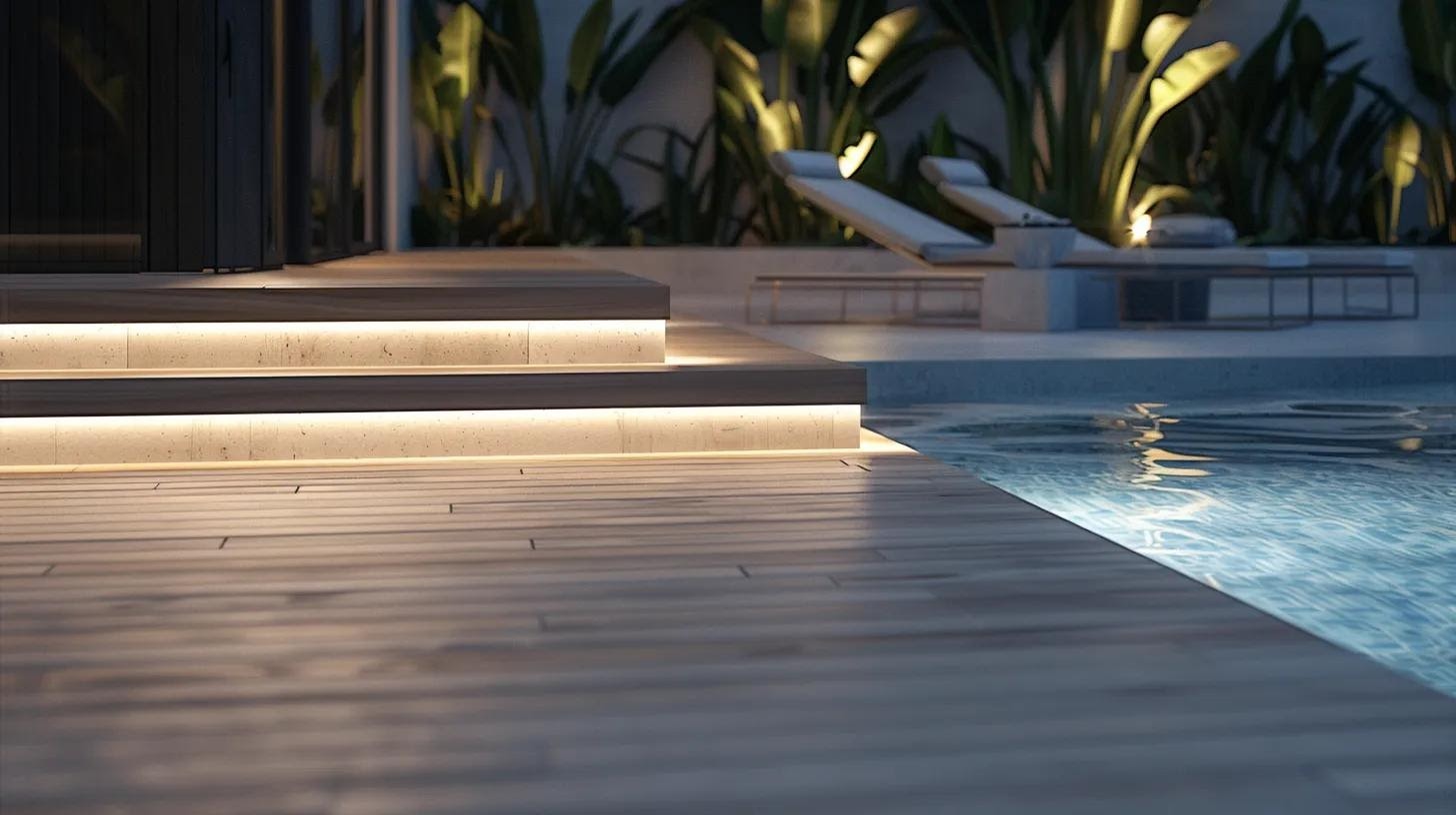 a sleek outdoor pool area features various stylish and durable decking materials under bright artificial lighting, highlighting their resilience against water, uv exposure, and foot traffic, showcasing a sophisticated oasis for homeowners.