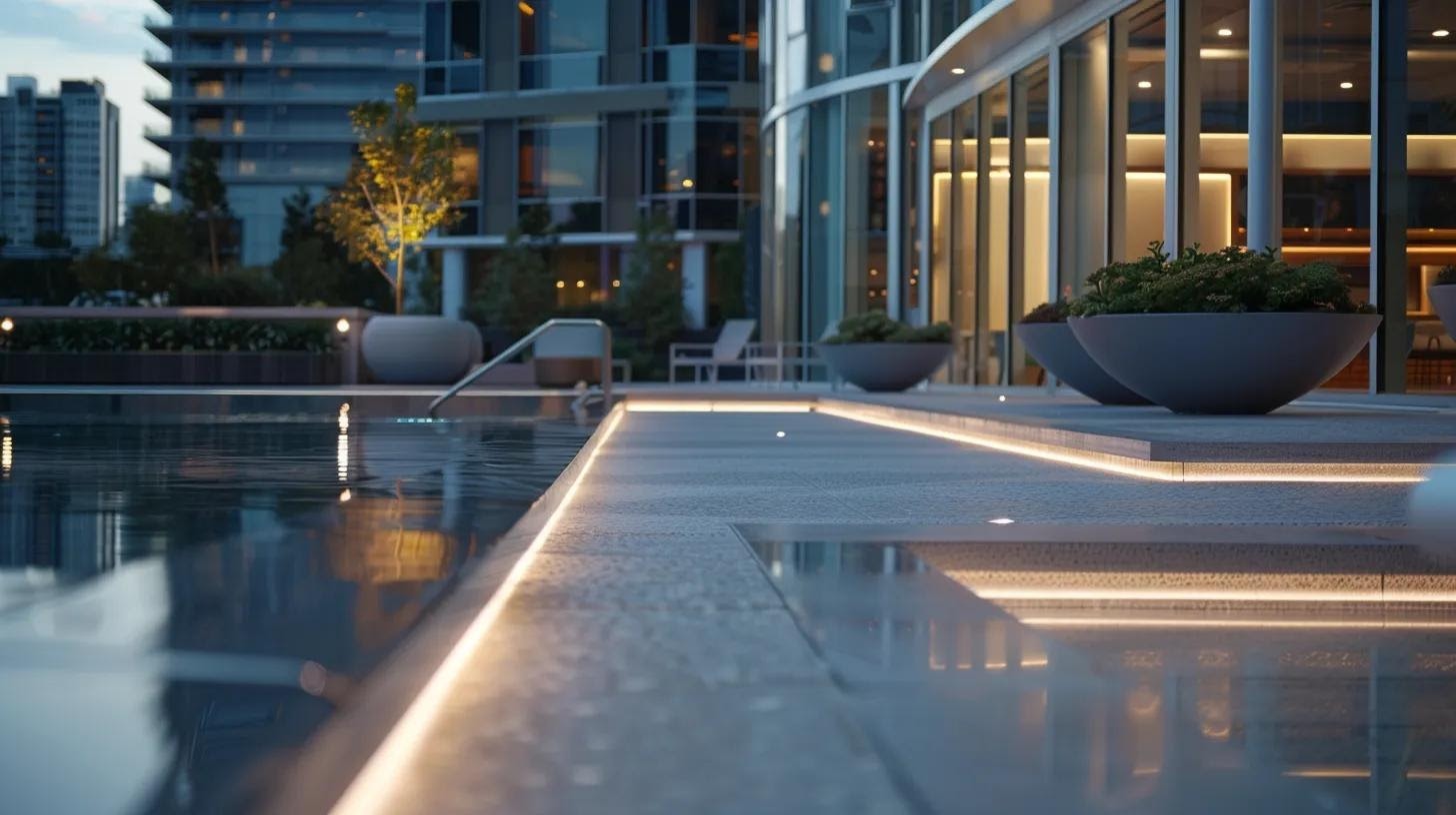 a modern pool deck featuring a textured, non-slip surface with smooth transitions and rounded edges, set against a sleek, contemporary urban backdrop, emphasizing safety while exuding a stylish and inviting atmosphere.