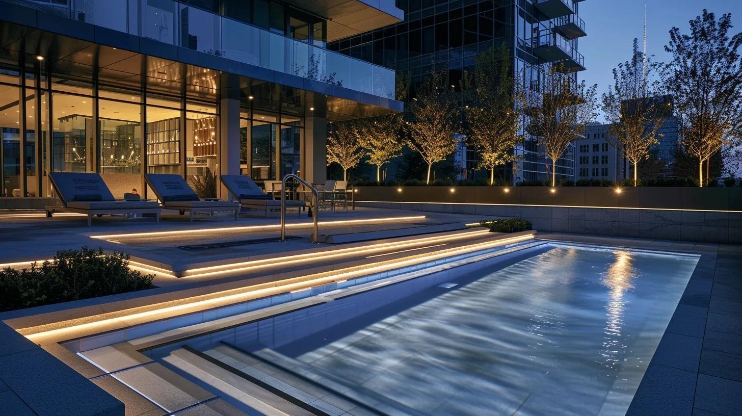a pristine, modern pool deck glistens under bright artificial lighting, showcasing sleek, stain-resistant materials and subtle signage highlighting essential maintenance tips, with a backdrop of a contemporary urban setting that emphasizes the importance of upkeep for enduring aesthetic appeal.